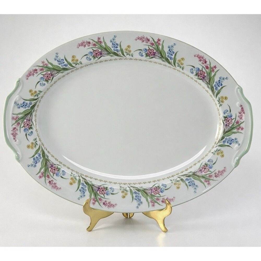 Vintage Noritake Spring Blossom Oval Serving Platter Floral Green Trim Japan 16”